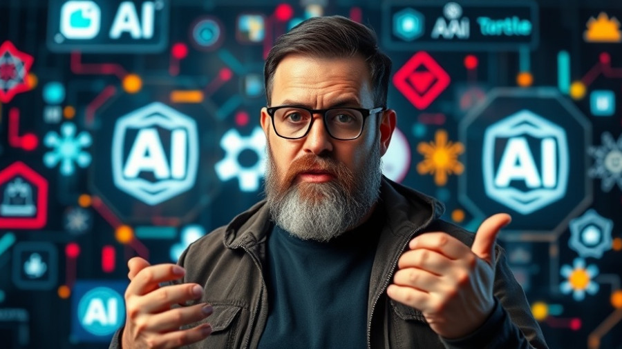 Casual man comparing AI image editors, logos floating, tech background.