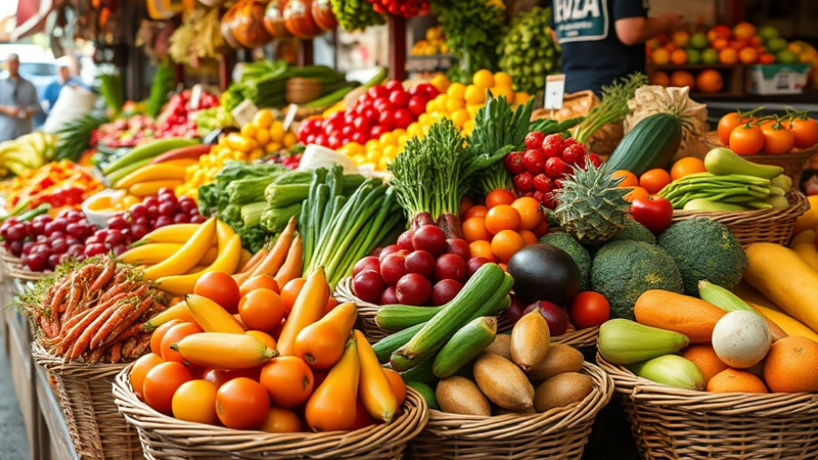 Vibrant fruits and vegetables in a market exemplifying Nigeria food security.