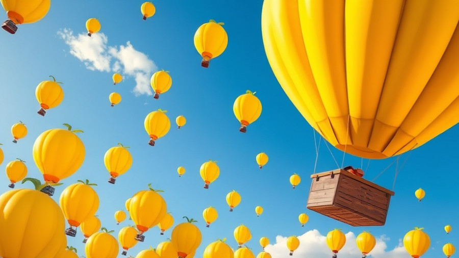 Colorful banana hot air balloon in a whimsical sky