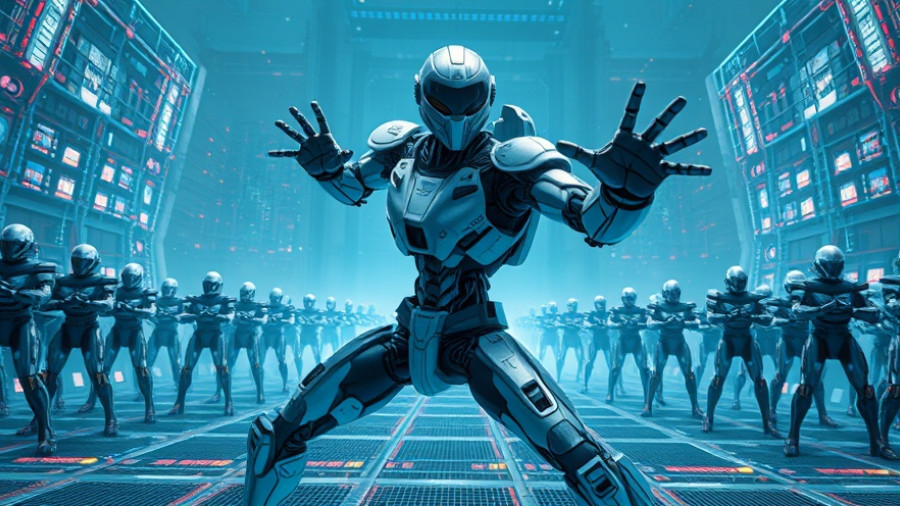 Futuristic robot in action during Fab October Flash Sale for Kids Gamers.