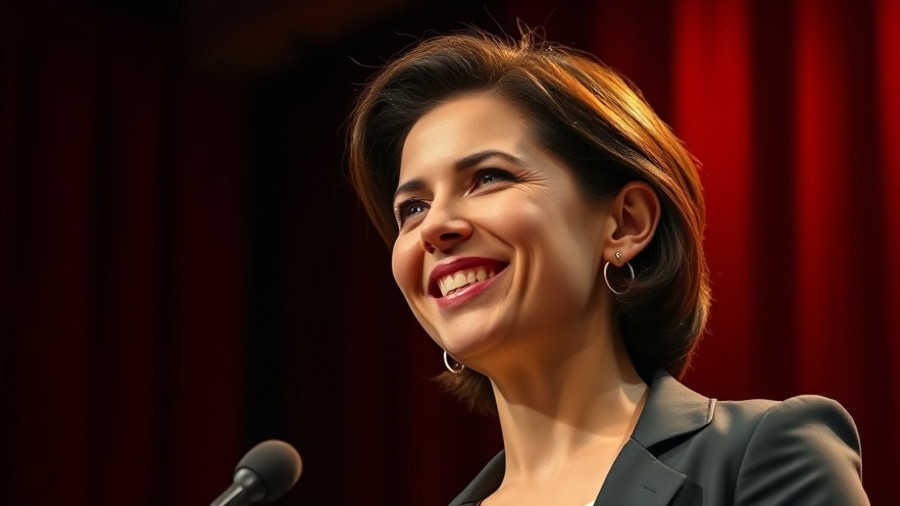 Confident woman discussing how to navigate relationship expectations on stage.