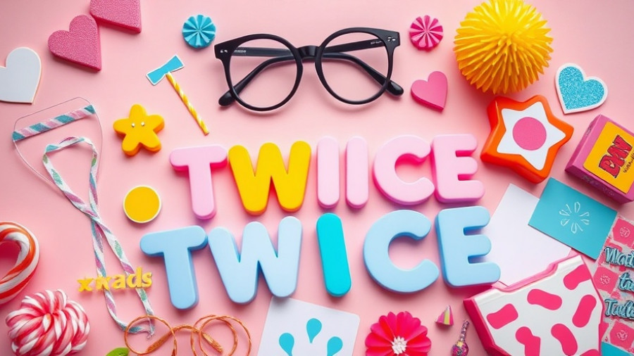 Colorful collage celebrating TWICE's 10th anniversary with playful elements.