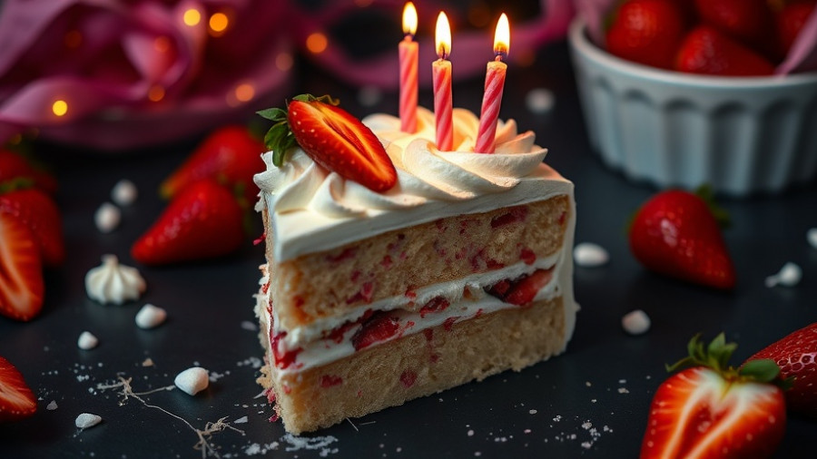 Cake with whipped cream and strawberries, NanoBanana technology festivity.
