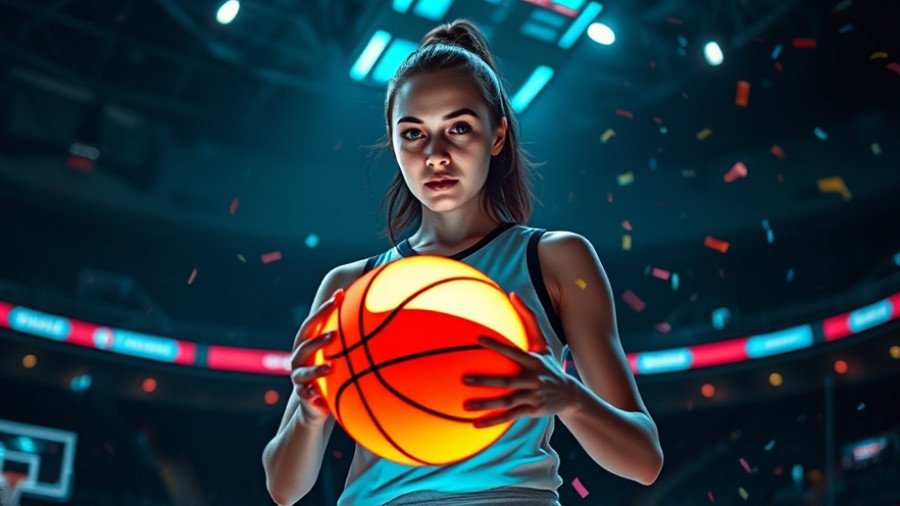 Futuristic female player with glowing basketball in arena - Create your highlight reel with Gemini