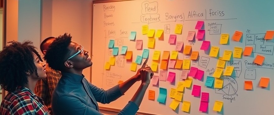 Diverse Africans collaborating on brand building over a colorful whiteboard.