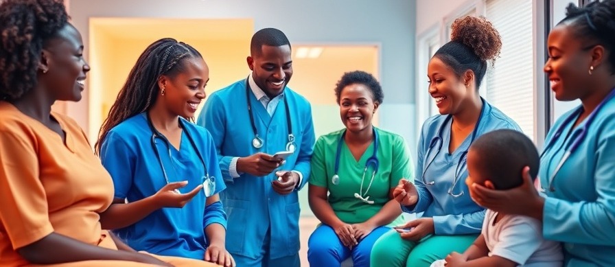 Diverse African healthcare professionals provide impactful care in a modern clinic.