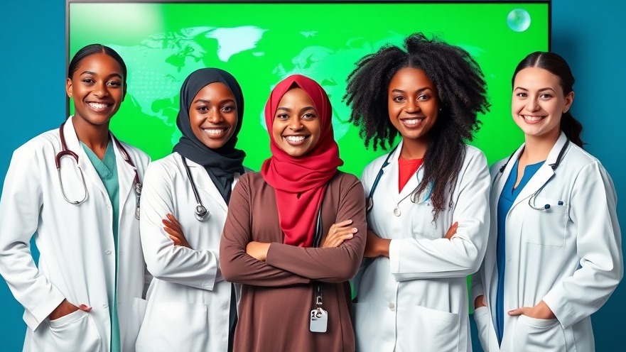 Diverse African doctors showcasing AI in healthcare against a digital map of Africa.