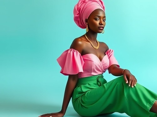 Elegant African woman embodies relaxation in a serene studio setting, promoting self care.