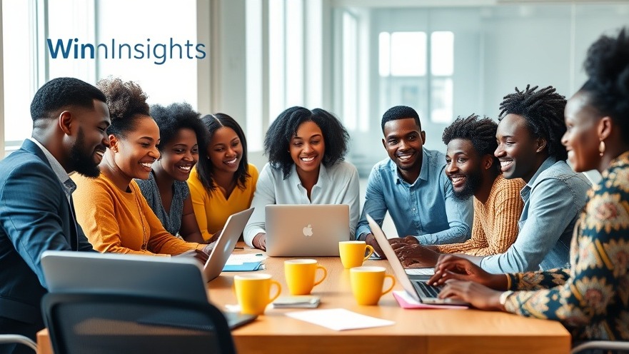 Diverse African entrepreneurs collaborating at Win Insights in a bright co-working space.