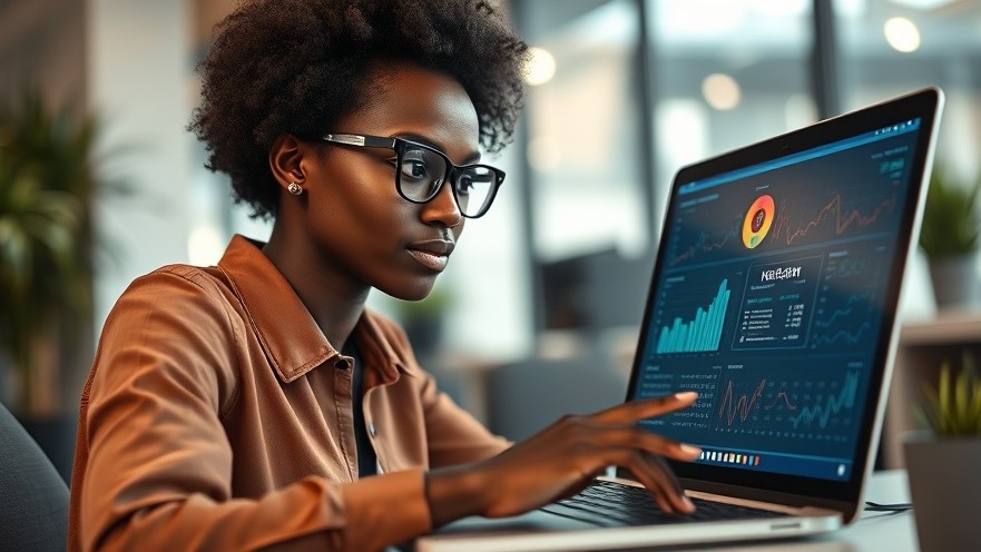 Focused African woman analyzing hypertension prevalence data on laptop in modern office.