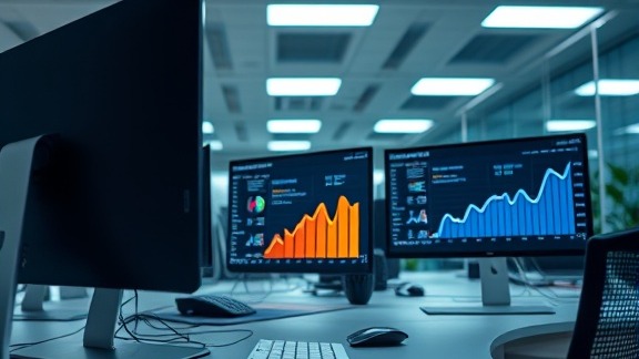 efficient SEO analysis, methodical, breaking down data, photorealistic, sleek office with a focus on desktop screens and analytic reports, highly detailed, animated graphs showing progress, wide-angle lens, cool tones, overhead fluorescent lighting, shot with a 24mm camera lens.