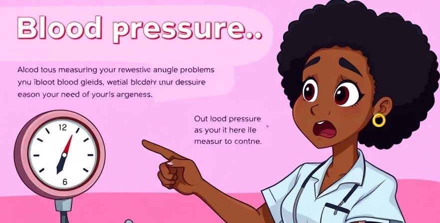 Nursing skills training on blood pressure technique with concerned African nurse pointing at gauge.