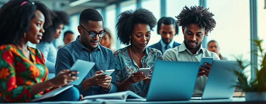 Diverse African professionals collaborating on digital transformation in a vibrant office.