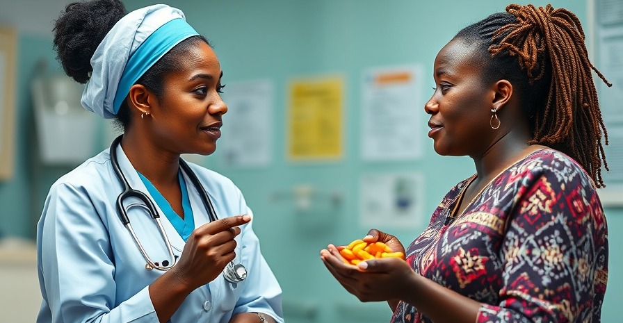 African nurse consulting on nutritional health for nurses, discussing vitamin impact on health.