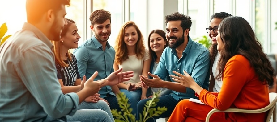 Dynamic mentorship scene with diverse young entrepreneurs in a modern co-working space.
