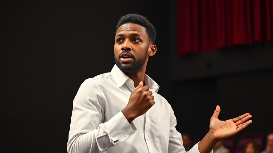 Young African man discussing effects of TikTok on language in a dark auditorium.