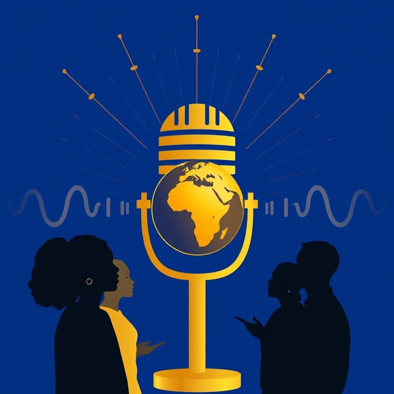 Stylized gold microphone and diverse silhouettes on royal blue background.