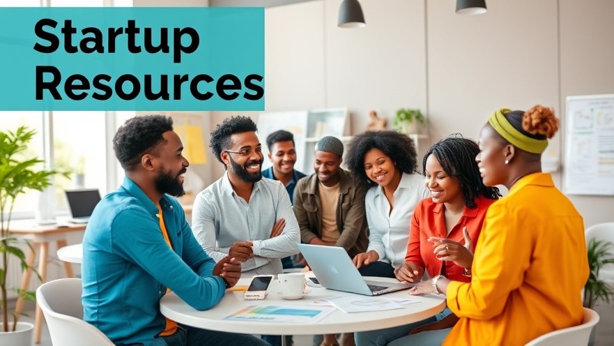 Diverse African entrepreneurs in a vibrant workshop with modern tech, 'Startup Resources' displayed.