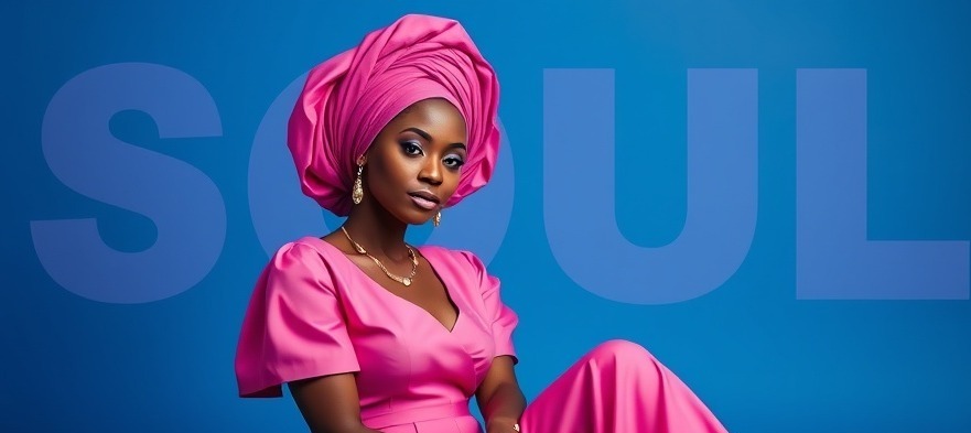 Soul Music channel concept, stylish woman in pink with elegant text.