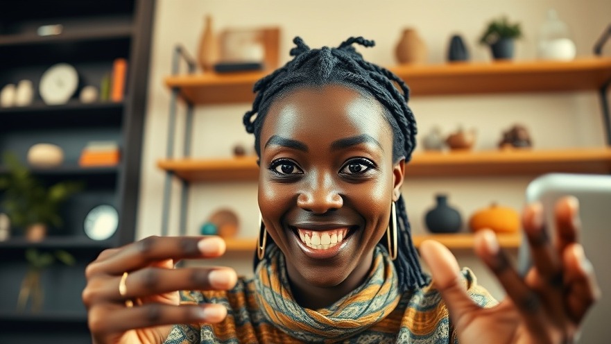 Enthusiastic African woman smiling on a video call, showcasing mobile-first AI in content creation.