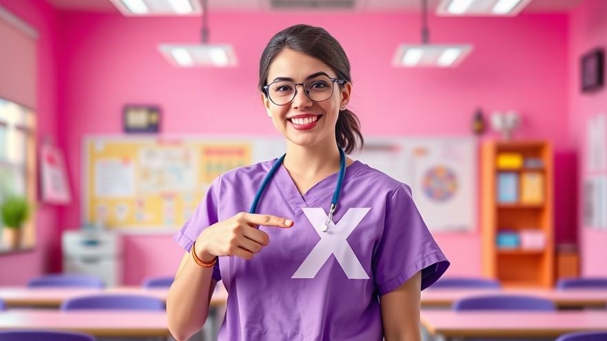 Nurse in purple scrubs highlighting RX for oxazolidinone antibiotics in vibrant classroom.