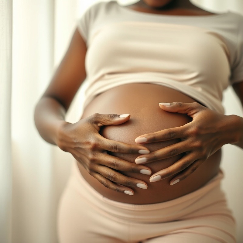 Pregnant woman cradling belly, serene maternal healthcare theme.