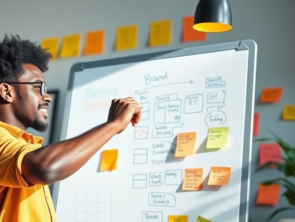 African individual sketching ideas on a whiteboard in a vibrant workspace, symbolizing brand building.