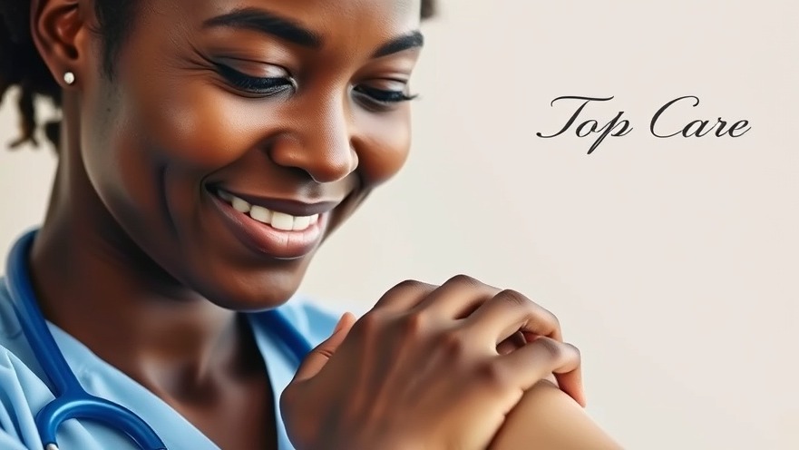 Compassionate care by a smiling African nurse holding a patient's hand, showcasing warmth.