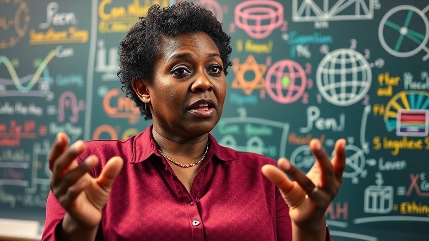 Middle-aged African female explaining quantum computers and cryptography at a colorful chalkboard.