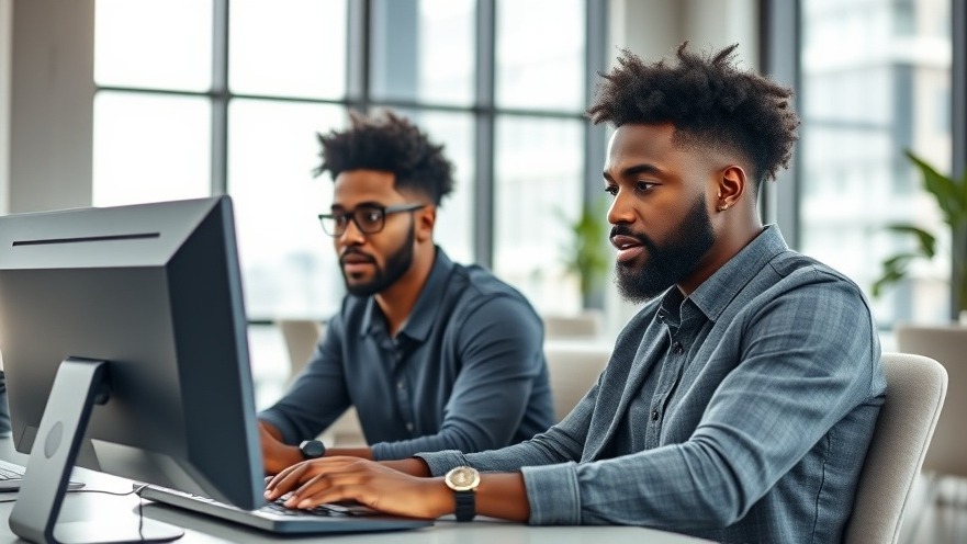 Two African filmmakers collaborate on AI technology adaptation, focused in a modern office.