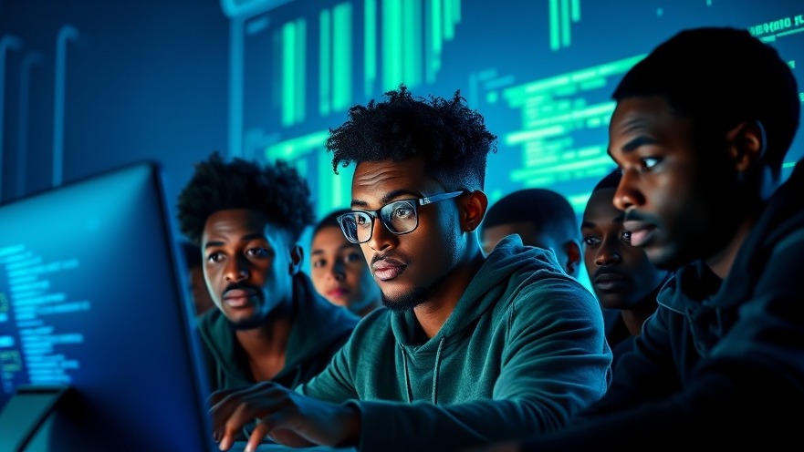 Diverse African tech geeks focus on cybersecurity at a glowing computer screen.