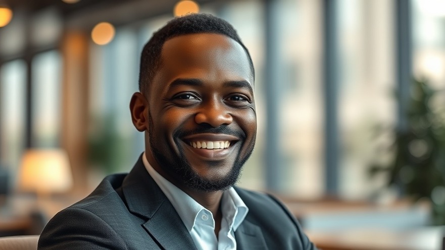 Smiling African man in modern office, showcasing human-level intelligence in AI advancements.