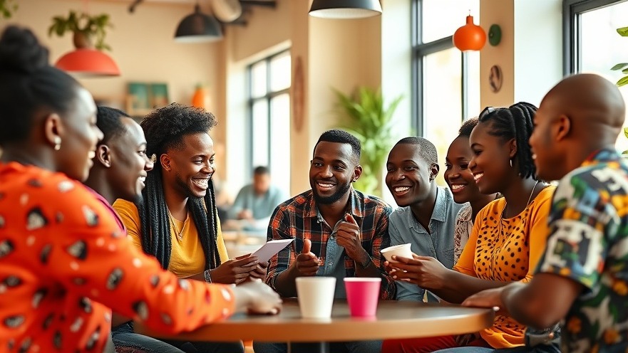 Young Tanzanian entrepreneurs engaged in mentorship at a vibrant coffee shop.