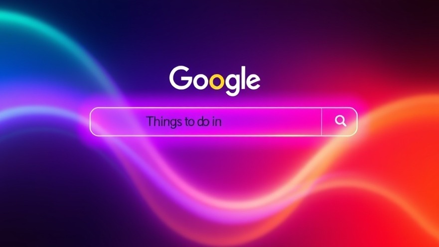 Photorealistic image of a Google search bar with video editing technology glow, querying 'Things to do in KAMPALA'.