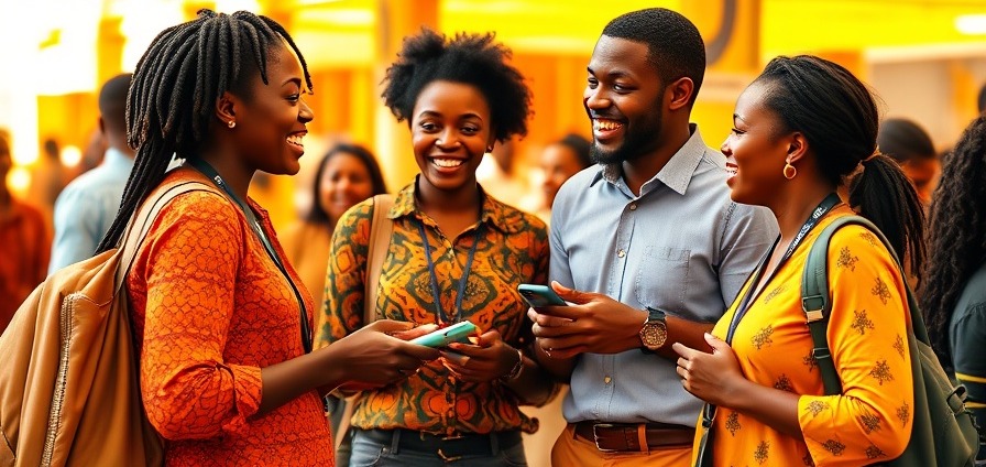 Tanzanian entrepreneurs networking enthusiastically, showcasing vibrant collaboration and energy.
