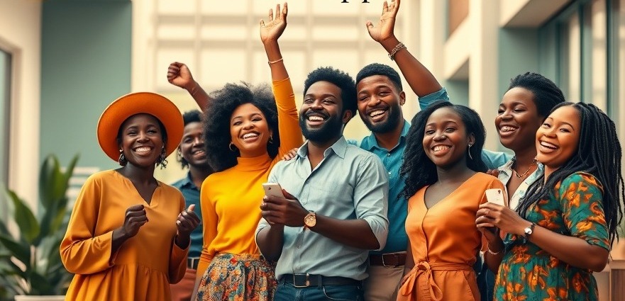 African small business owners celebrating growth opportunities in a vibrant urban scene.