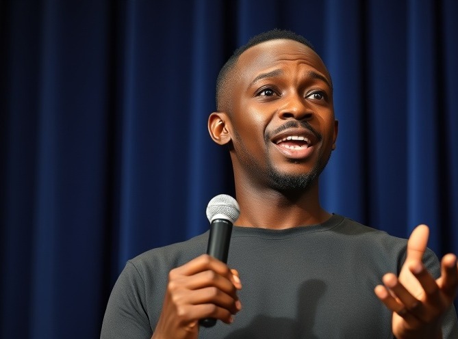 Engaged African speaker showcases zero gravity innovation, delivering a creative presentation.