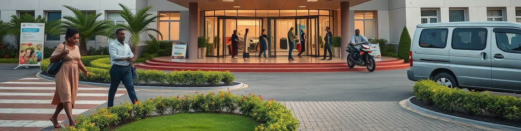 Medcare Services Uganda modern hospital exterior with signage, bustling activity and welcoming atmosphere