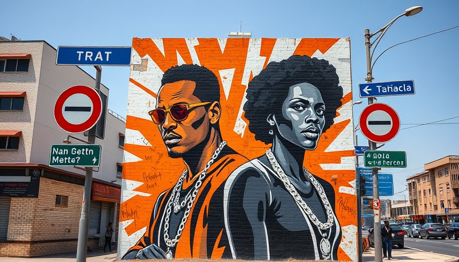 Vibrant African street art with monochrome figures and road signs.