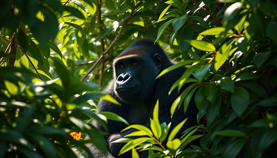 Gorilla in dense jungle foliage, highlighting natural habitat.