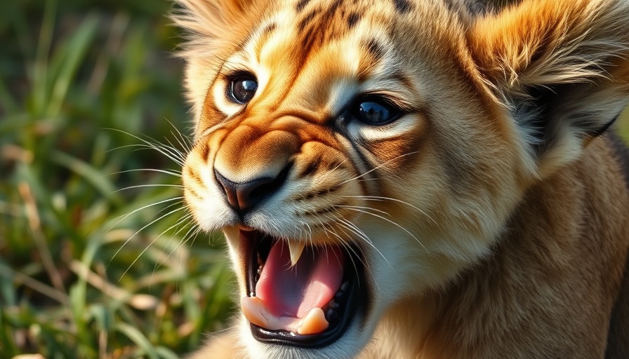 Yawning lion cub in a close-up shot, detailed facial features.