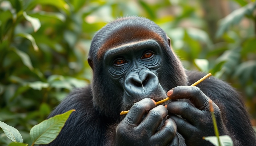 Black gorilla eating in lush Nigerian National Parks jungle.