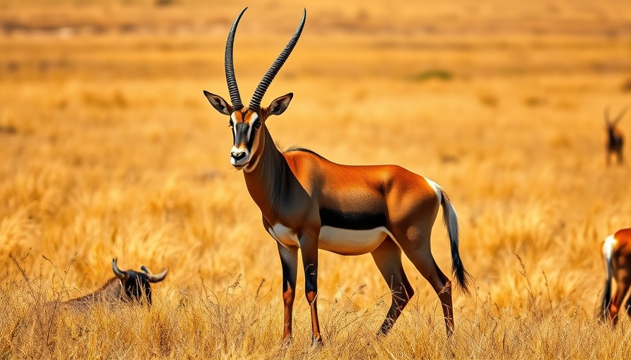 Gemsbok in Kalahari Game Reserve, standing in savannah.