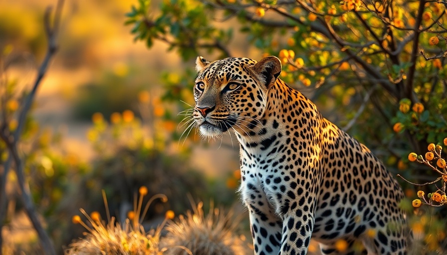 Leopard in Sabi Sands bushland under golden sunlight.