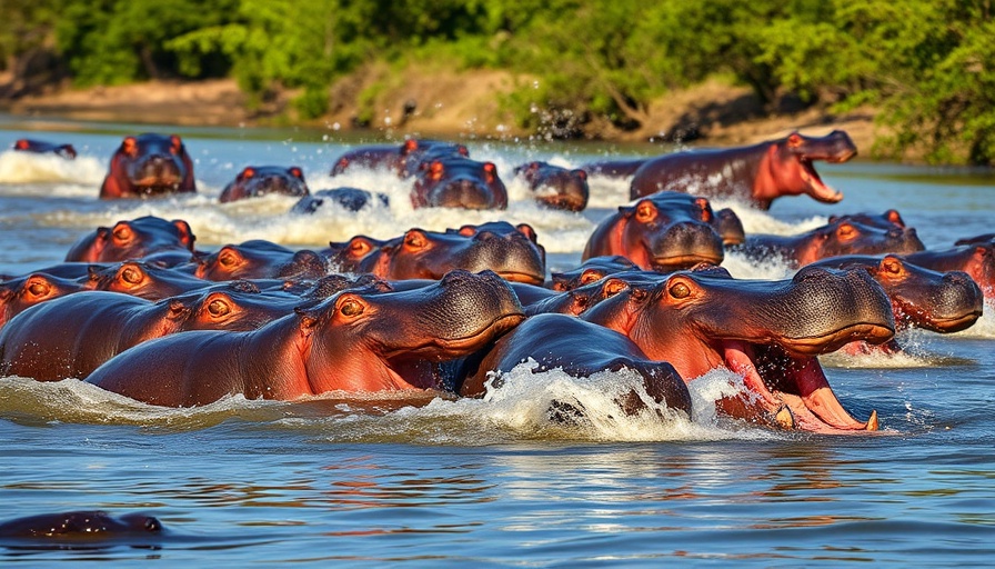 Dynamic hippo herd crossing in South Luangwa.