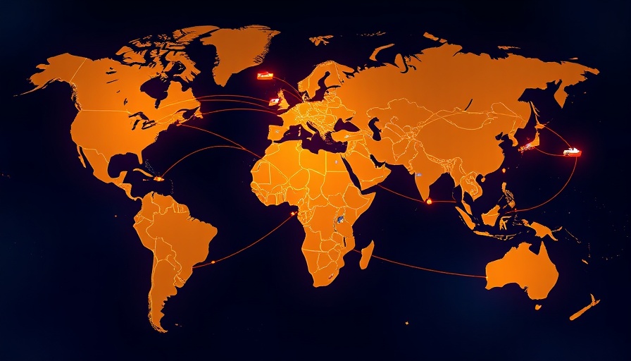 Animated world map showing global trade routes and icons.