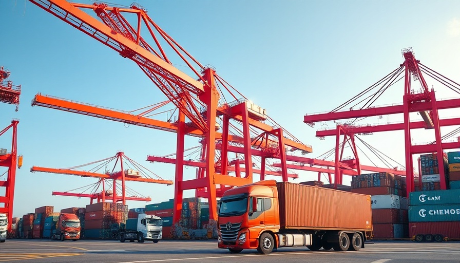 Massive red cranes and cargo truck at global logistics shipping port