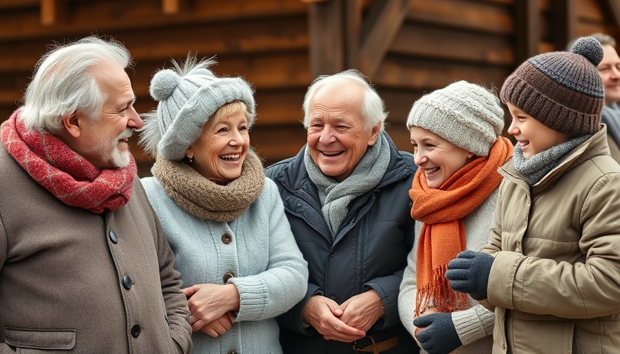 Intergenerational care scene with elders and children outdoors