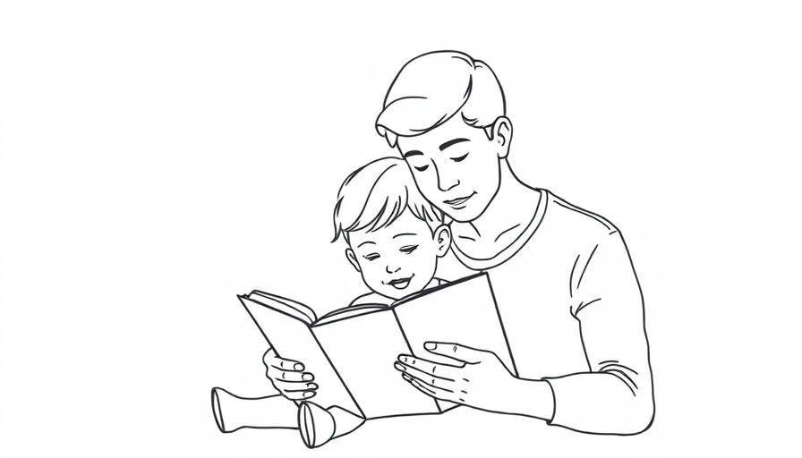 Line drawing of adult and child reading for educational purpose