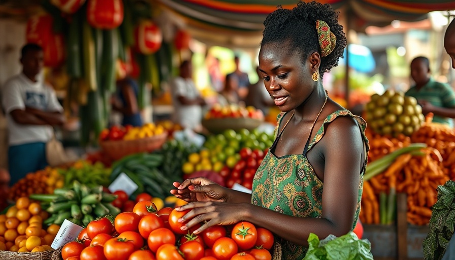 Confident female vendor in African market for gender parity.